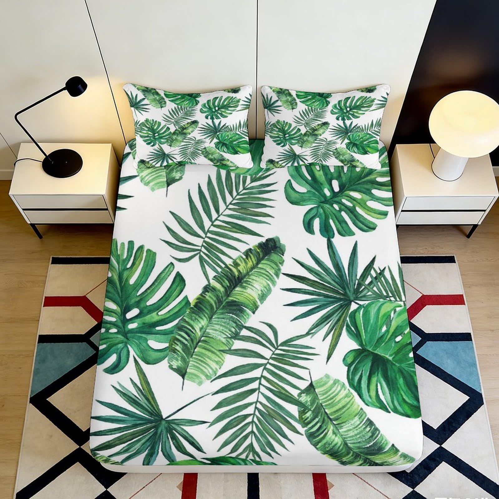 Pnayamiorkfel Style-7 3D Printed Tropical Leaf Fitted Sheet Microfiber Soft Green Botanical Mattress Cover For Bedroom Guestroom Home Decor 90X200x25cm