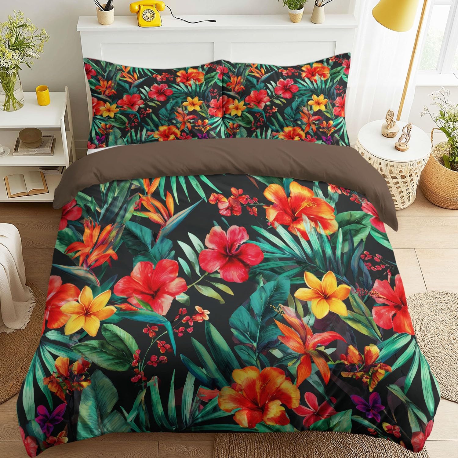 Housse de couette jungle 240x260 cm avec taies d'oreiller imprimées fleurs