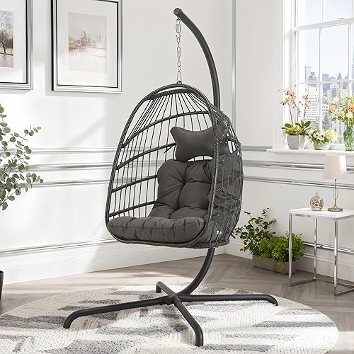 Miniatura 11 de Silla colgante de huevo, de mimbre y ratán, cojines resistentes a los rayos ultravioleta, capacidad de 350 libras, para dormitorio, balcón, patio