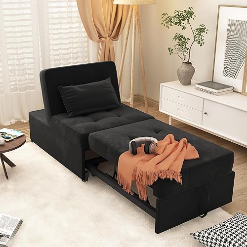 LEVNARY Silla convertible para cama, sofá individual 4 en 1 de terciopelo, silla plegable otomana, cama pequeña extraíble para el hogar y la sala de