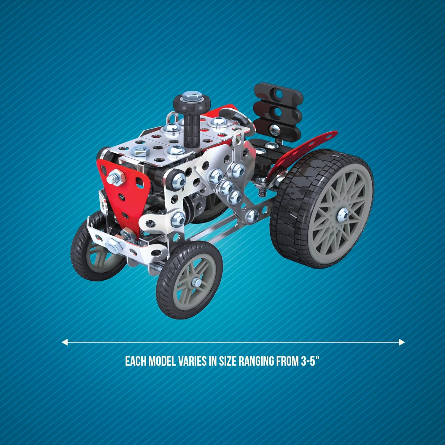 Image showing a built tractor model with a measurement arrow indicating its size range.