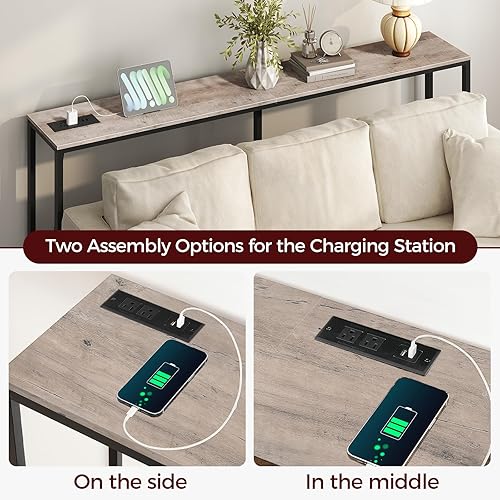 Miniatura 62 de Mesa consola con toma de corriente, mesa de sofá estrecha de 70.9 pulgadas, mesa de entrada industrial con puertos USB, mesa detrás del sofá para