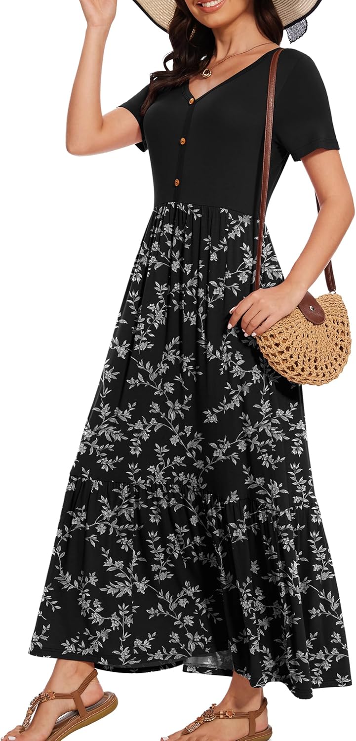 VIISHOW Women’s Short Sleeve Maxi Dress 2025 Summer V Neck Knit Loose Plain Empire Waist Casual Dresses with Pockets