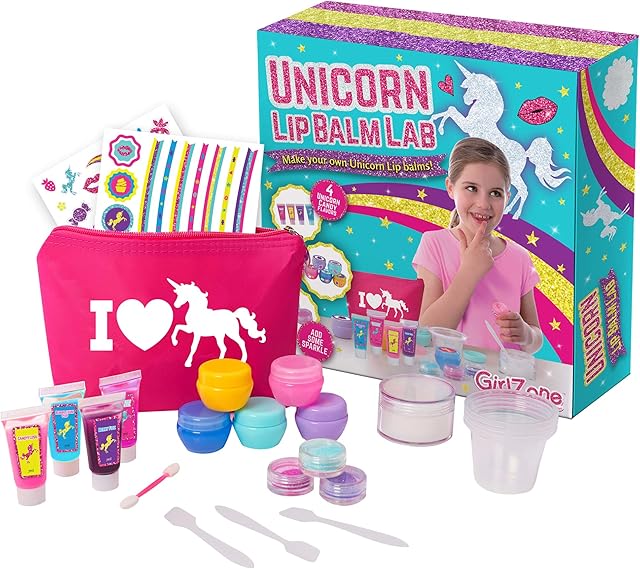 GirlZone Unicorn Lip Balm Lab, 22-Piece Make Your Own Lip Gloss Set for Kids with a Cute Makeup Bag, Exciting Toy for Playdates and Great Gift Idea