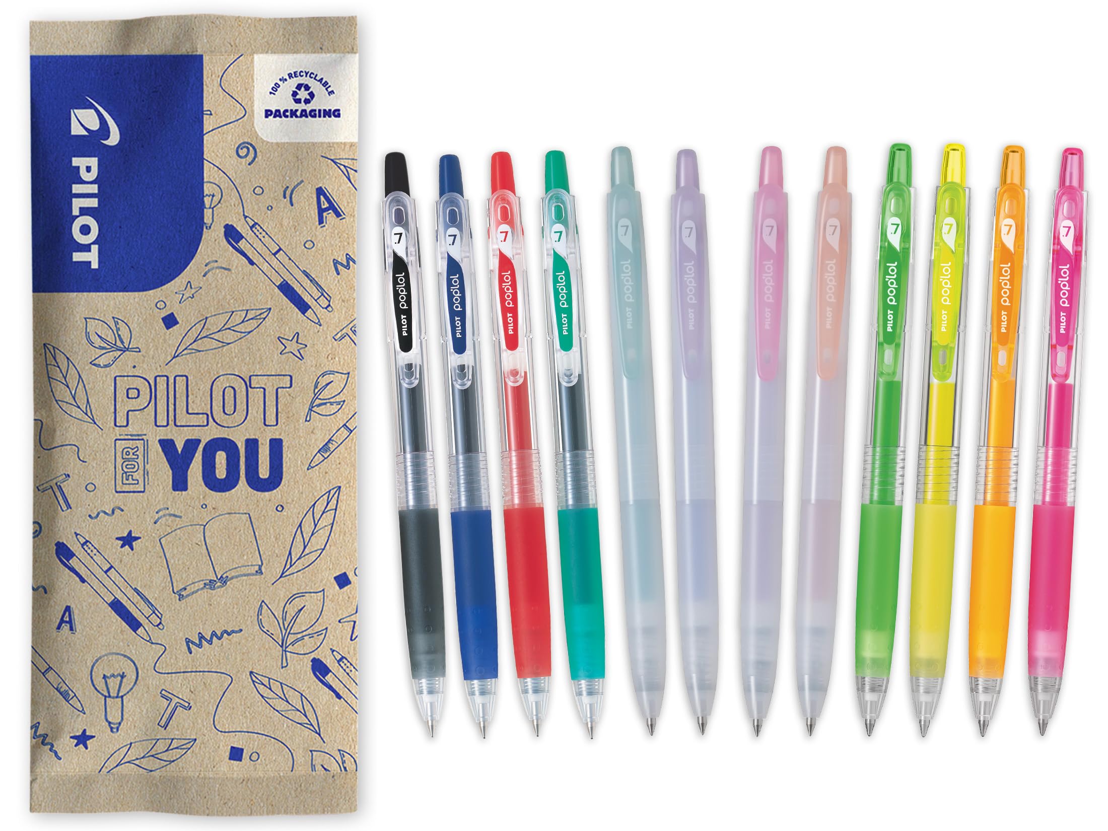 PILOT - Set of 12 Pop'Lol - Gel Ink Roller - Printable and Refillable - Smooth Writing - Neon Green, Yellow, Orange, Pink + Blue - Medium Tip