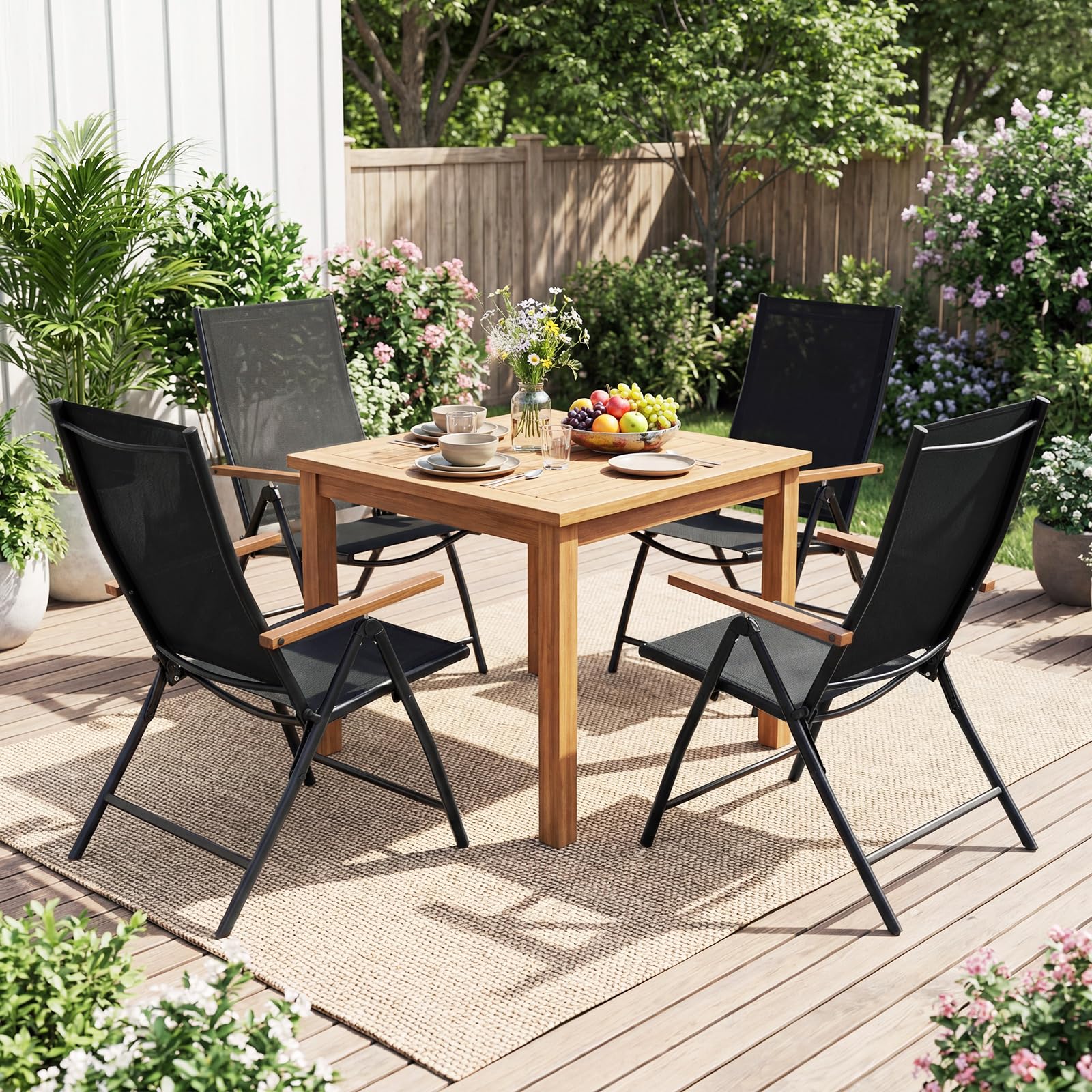 COSTWAY Set di 2/4 Sedie da Giardino Pieghevole, Struttura in Metallo, Poltrona in Tessuto Traspirante, Schienale Regolabile, per Balcone, Giardino, Terrazzo, Portata 150 kg (2,Nero)