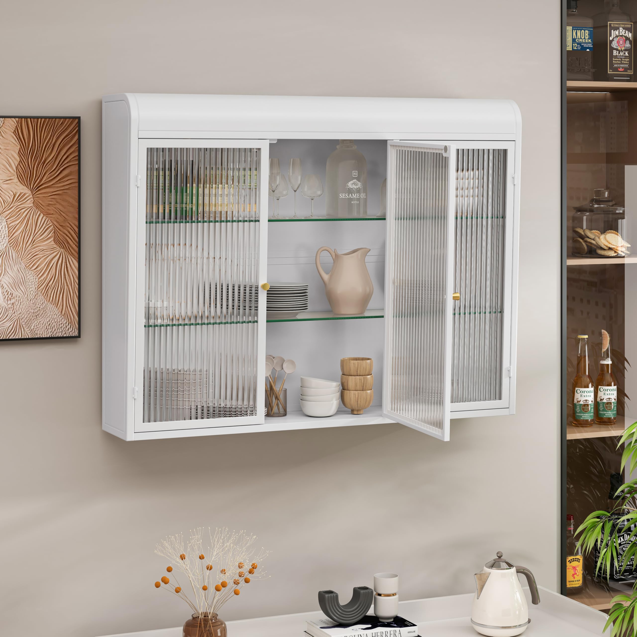 Armoire murale avec 3 portes en verre arqué - Armoire murale pour cuisine, salon et salle de bain - Blanc
