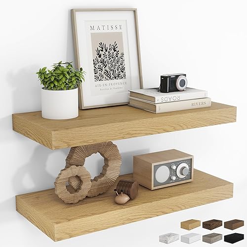 Vista 19 de RICHFOCUS Estantes flotantes de 16 pulgadas para pared, paquete de 2 estantes para dormitorio, cocina, baño, estante flotante de madera rústica Gris