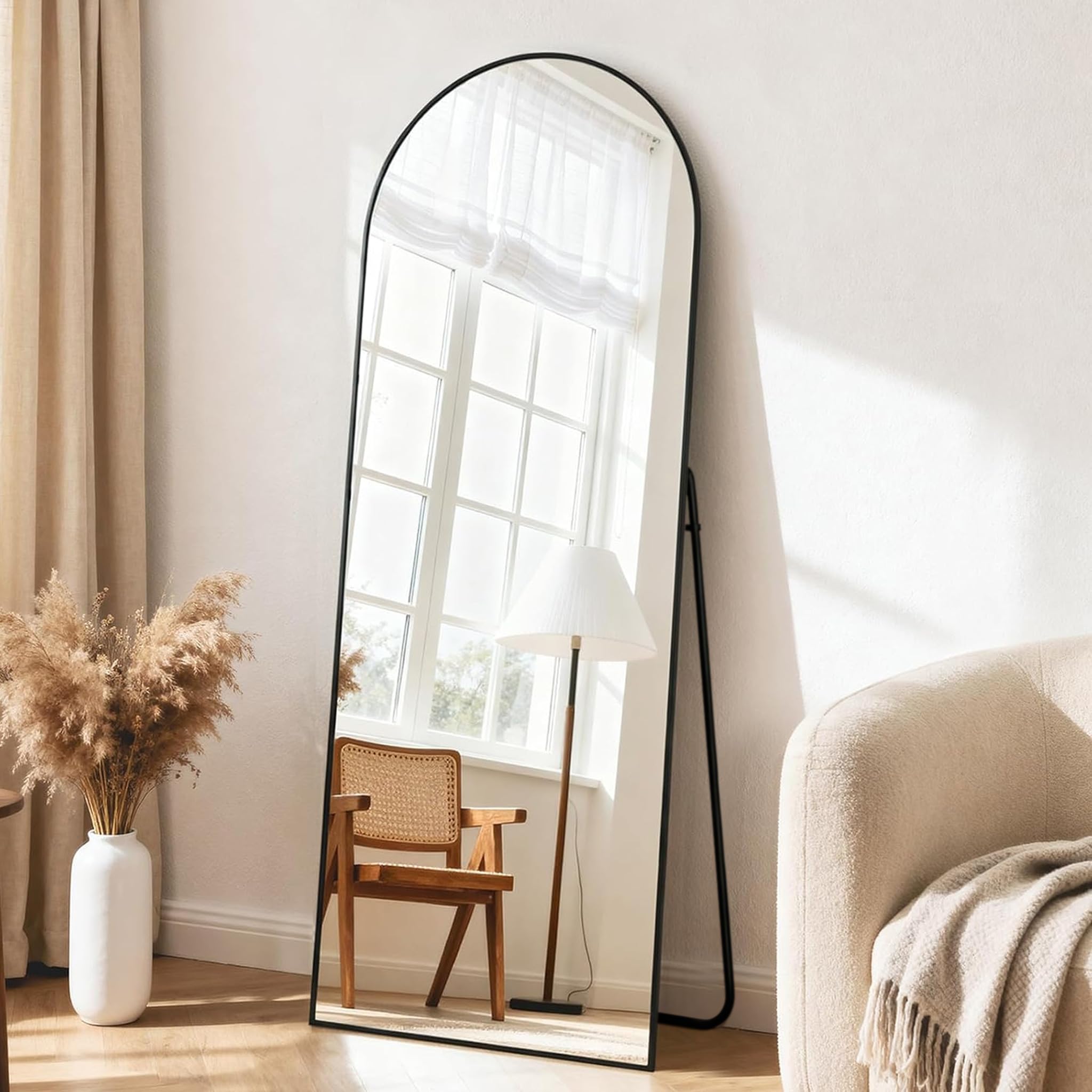 Specchio a Figura Intera 165 x 60 cm, Specchio da Terra ad Arco con Supporto, Vetro Temperato, Cornice in Lega di Alluminio, Camera da Letto Soggiorno