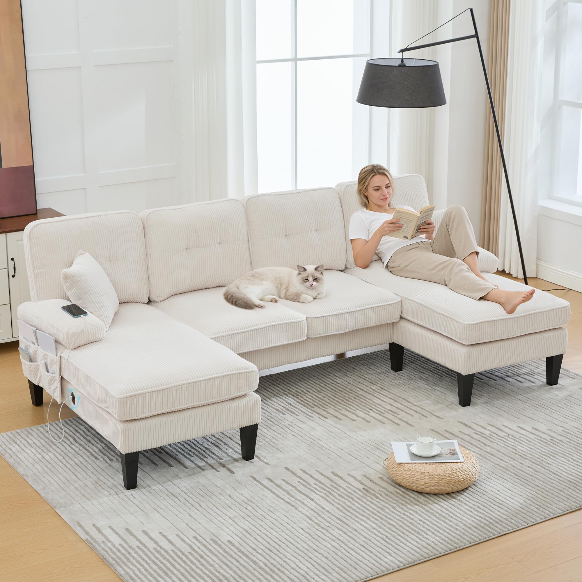 Canapé d'angle Convertible, Canapé 4 Places avec Méridiennes, Porte-Gobelets, Poches Latérales, Ports USB et Type-C, Tissu en Coton Lin, Canape en U pour Salon, Appartement