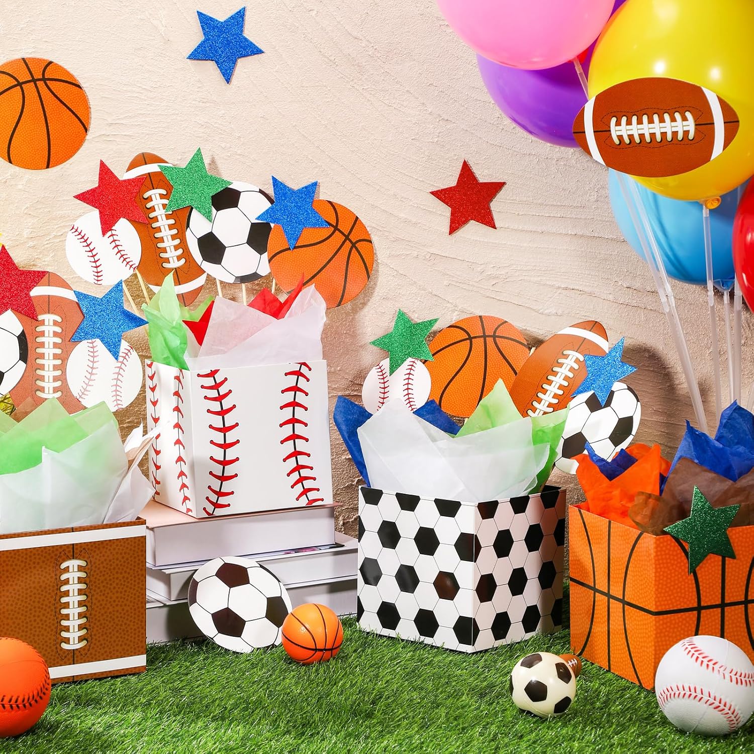 TaoBary 8 Set Valentine's Day Sports Theme Party Decorations Boxes Football Party Table Centerpieces Sticks Basketball Baseball Table Toppers with Ball Cutouts for Baby Shower Supplies