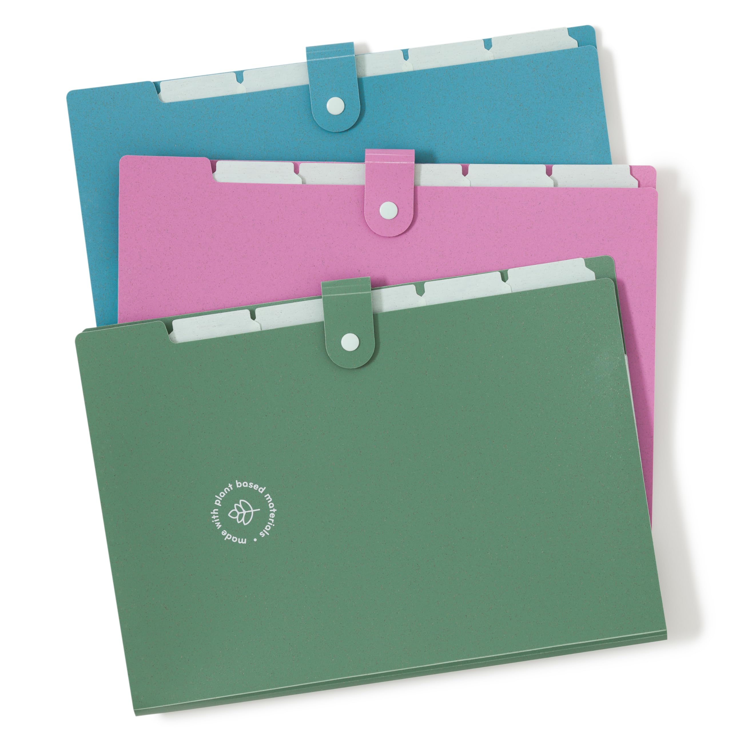 U Brands U-Eco 6592U01-12 - Set di 3 cartelle espandibili in poliestere, con 6 tasche, colori assortiti, chiusura con bottone a pressione, formato lettera