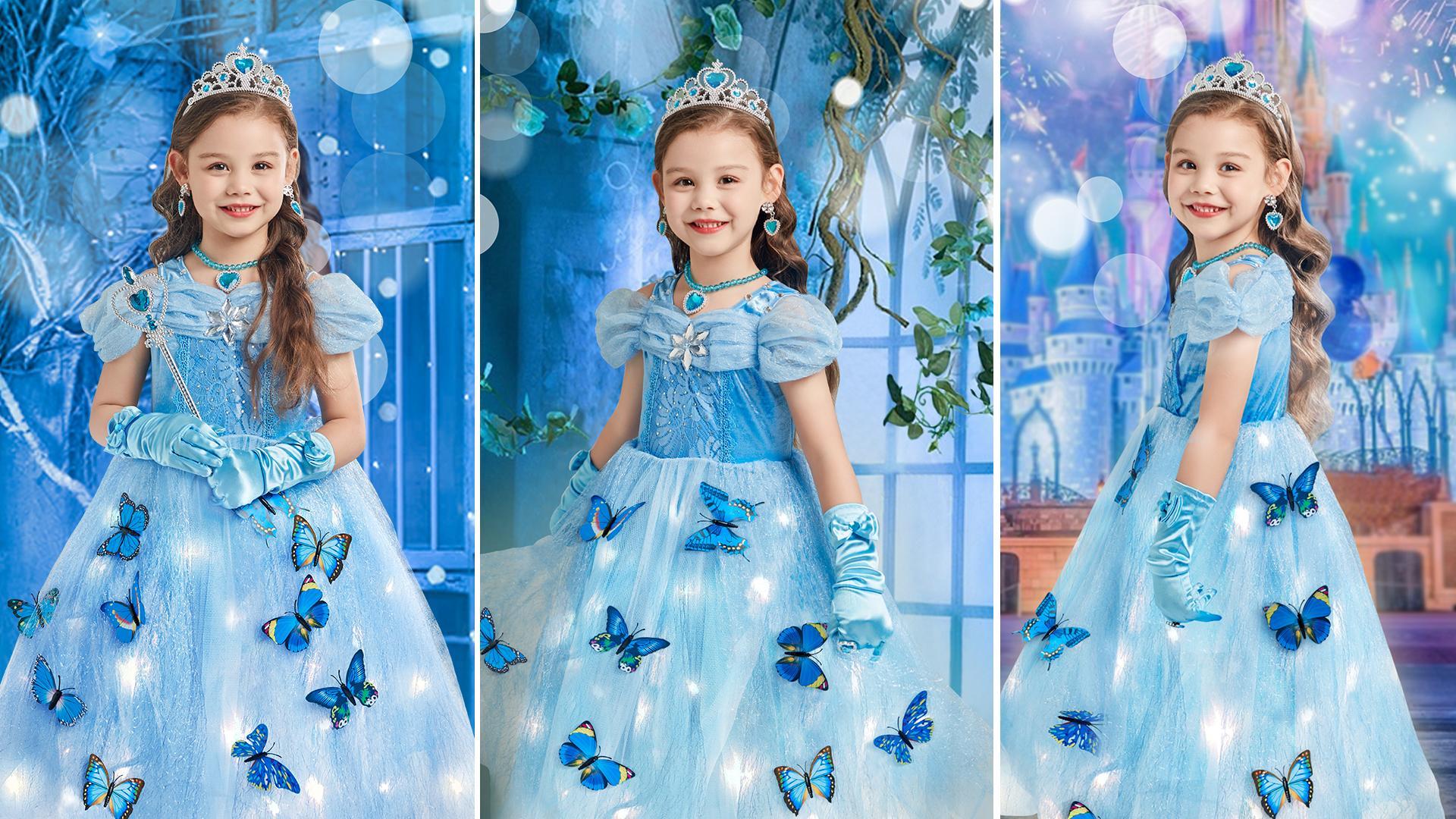 Vestito Cenerentola Bambina Flowhole - Costume Principessa Con Accessori,  Per Feste E Carnevale Vestito Biancaneve Bambina, image size:1920x1080