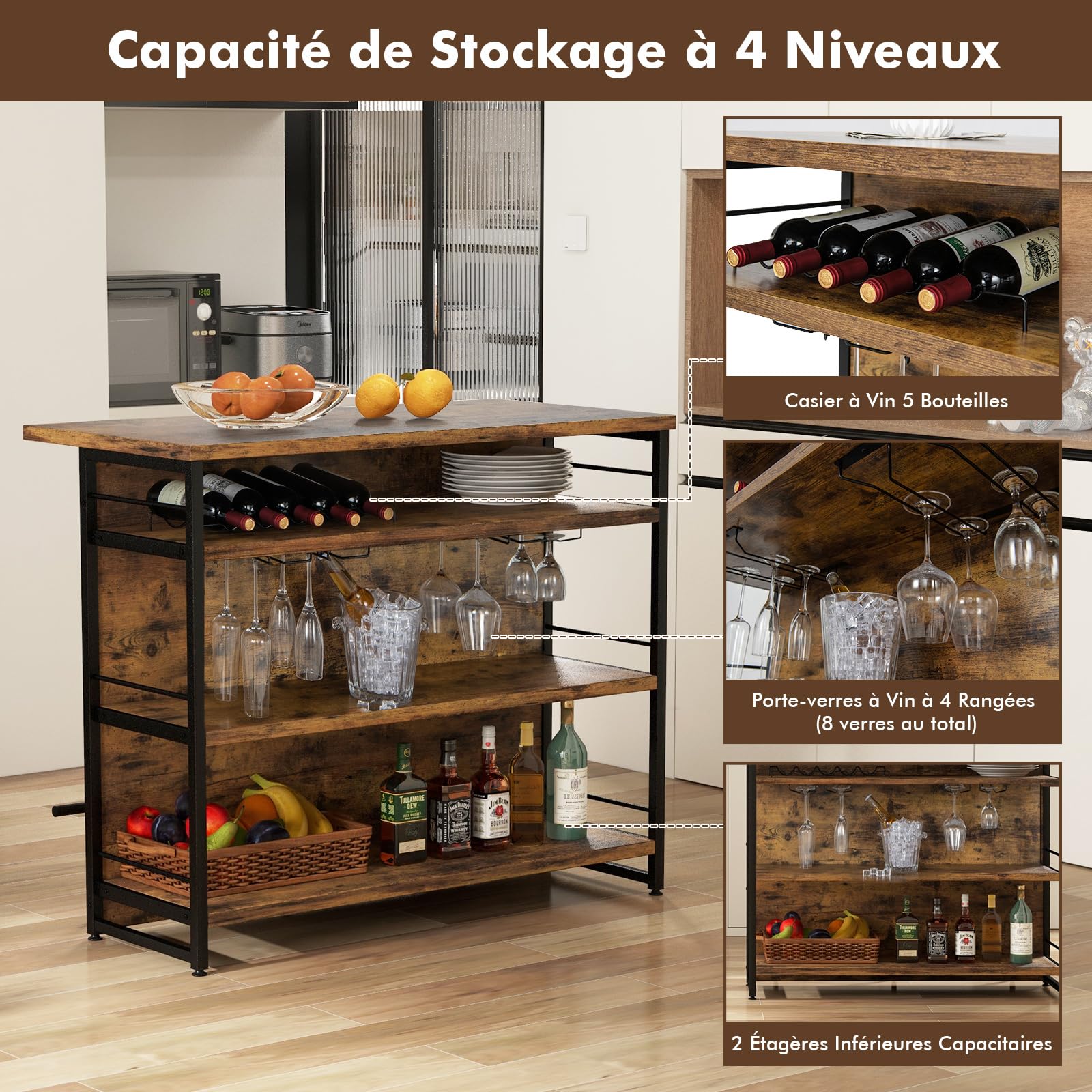COSTWAY Ilot Central Industriel, Table de Bar à 4 Niveaux avec 3 Étagères Ouvertes, Casier à Vin et Supports pour Verres à Pied, Repose-Pieds, pour Bar, Cuisine, Salon, Marron Rustique
