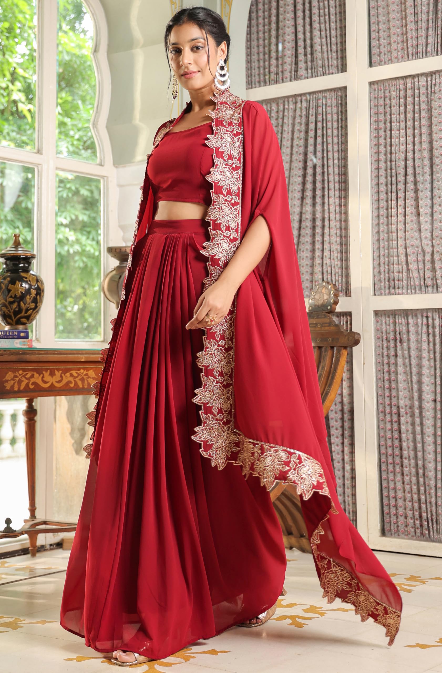 Janasya Women's Georgette Zari Embroidered Crop Top With Skirt & Cape Set product image 2