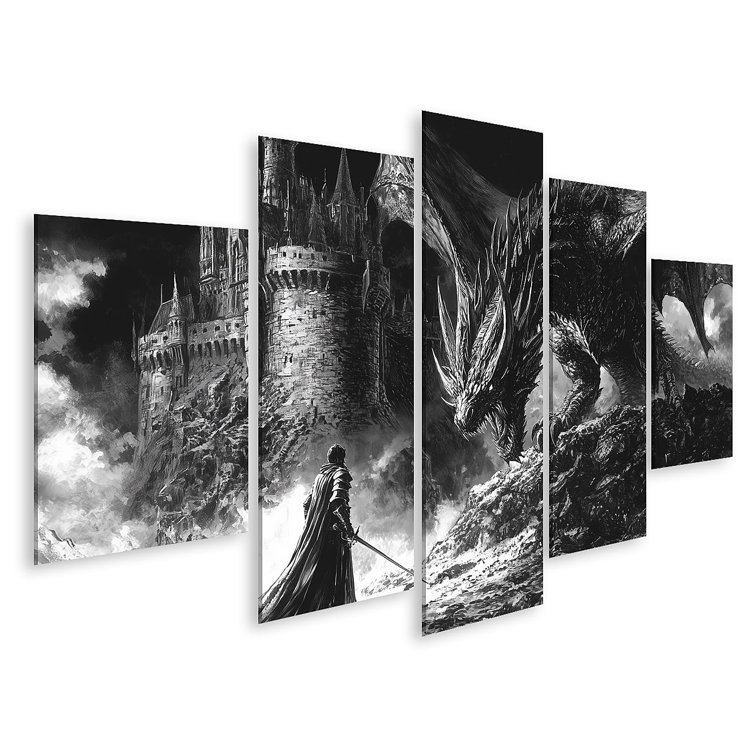 islandburner Prime Bild auf Leinwand Drache an der Burg mit tapferem Krieger Bilder Wandbilder Poster