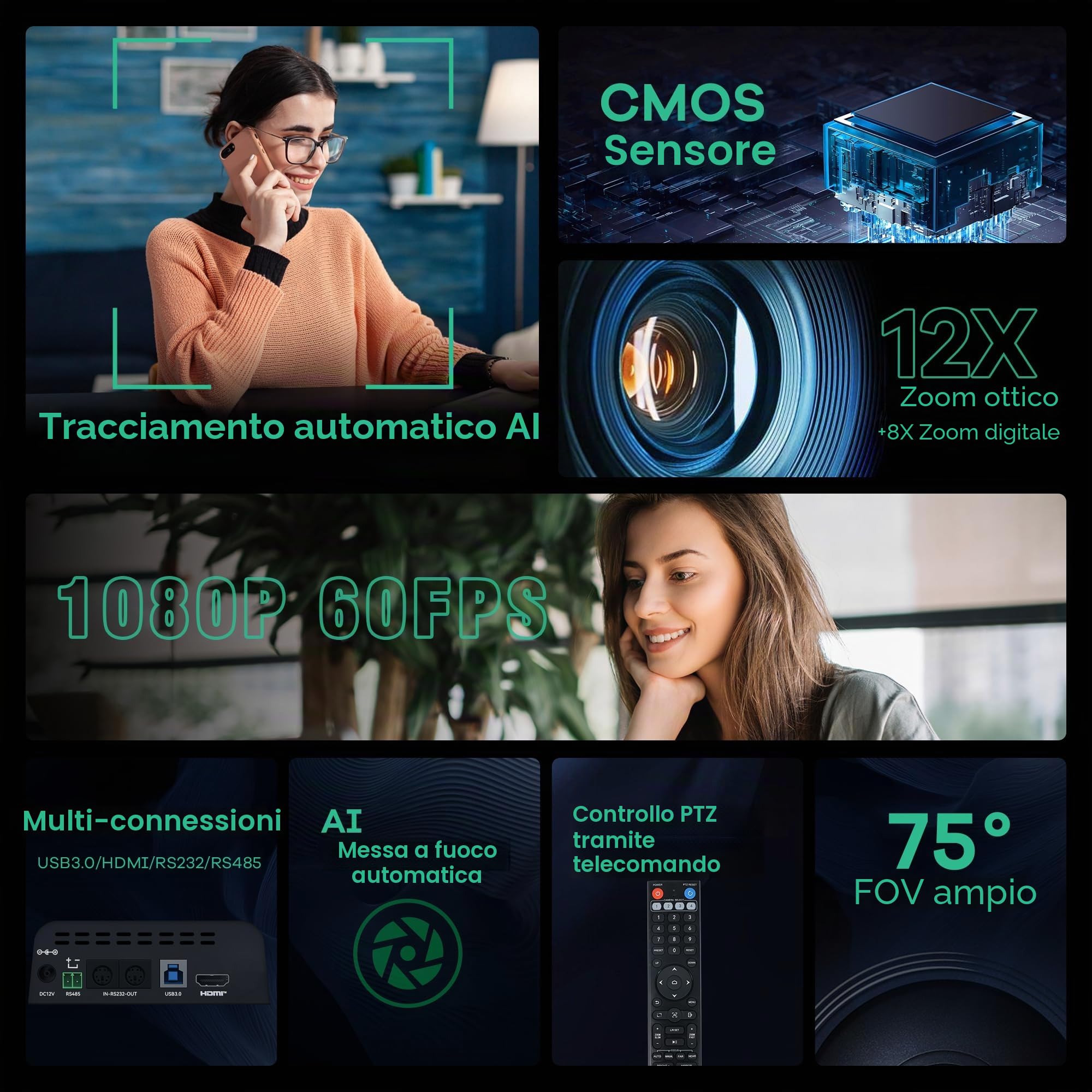 TONGVEO Telecamera PTZ con Tracking IA, Zoom Ottico 12X, 1080P 60fps HDMI/USB 3.0, per Conferenze, Chiese, Live Streaming, Zoom, YouTube, OBS