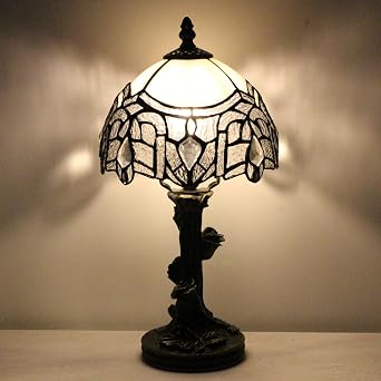 Small Tiffany Table Lamp Stained Glass Desk Lamp White Bending Style | Bedside Desk Light Mini Accent Desk Memory Lamp 8X15 Inch