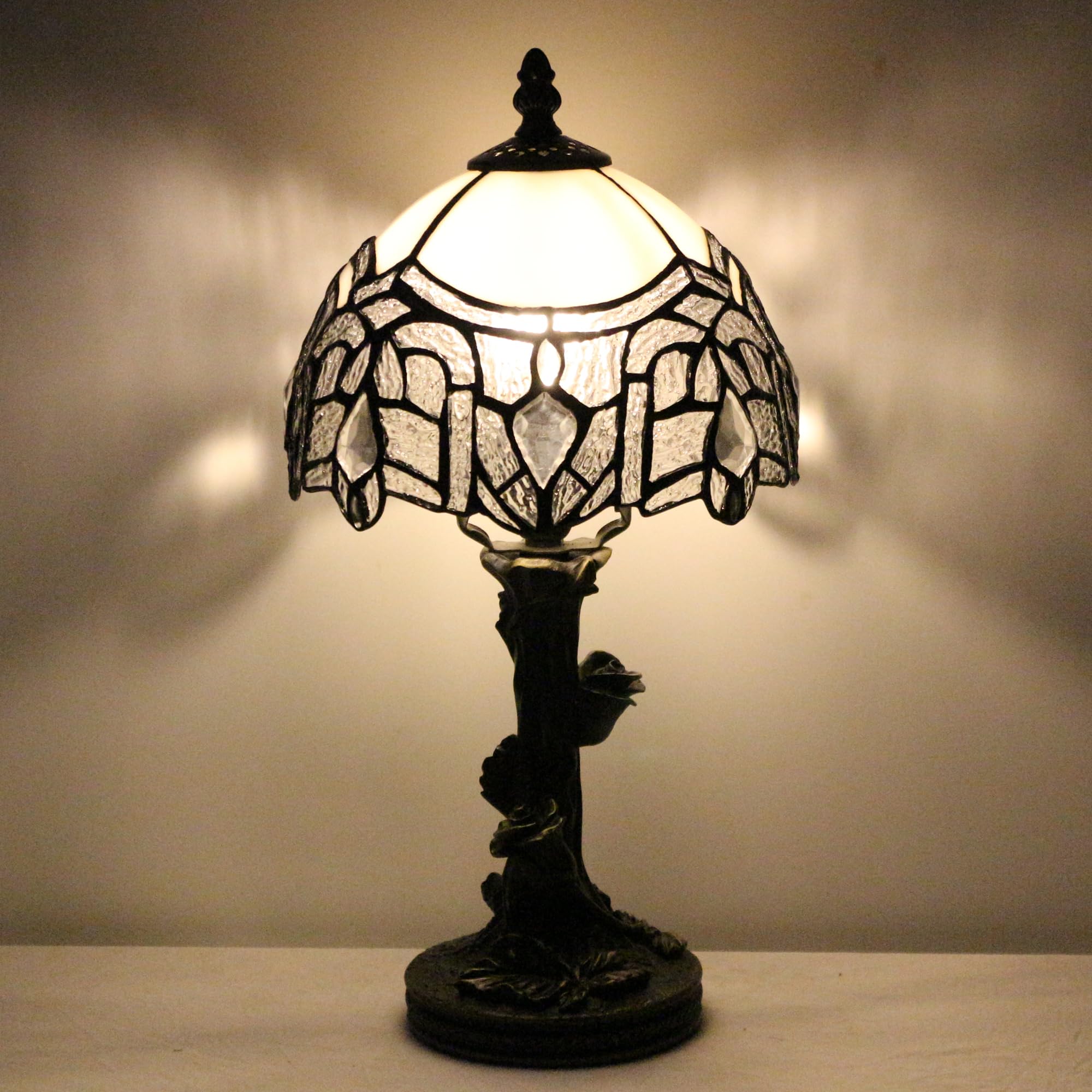 SYETL Small Tiffany Table Lamp Stained Glass Desk Lamp White Bending Style Bedside Desk Light Mini Accent Desk Memory Lamp 8X15 Inch