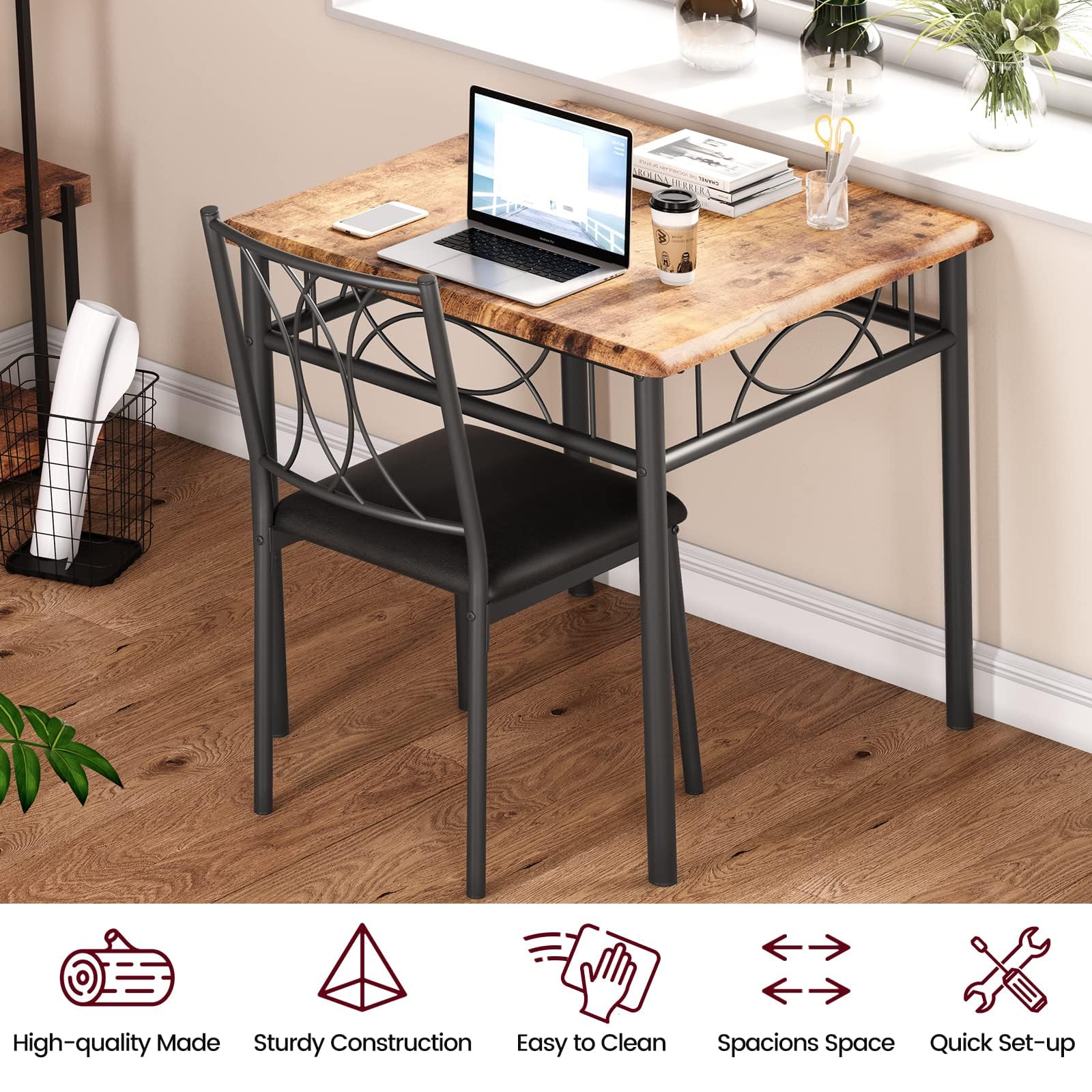 Tables de Salle à Manger pour 2, Table et chaises de Cuisine, Table de Salle à Manger carrée avec 2 chaises en métal et en Bois, pour Petits espaces, Appartement (Marron Rustique 2)