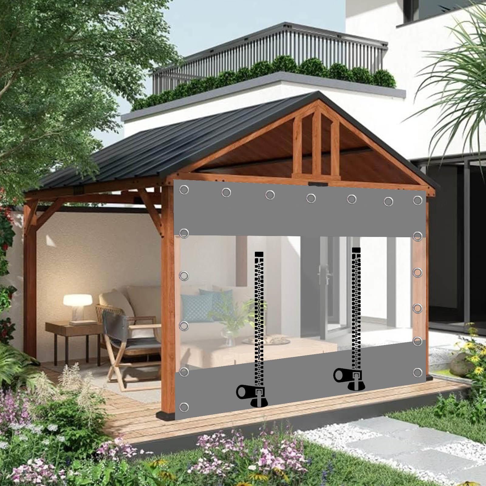 Pxzybd W×H Outdoor Clear Tarp Curtains,Grey Transparent Tarpaulin Side Panels For Gazebo Pergola Patio,Pvc Plastic Waterproof Tarp Cover Sheet,Rain Curtain With Zip Door,Customizable,-3×2.2M(9.8*7.2Ft)