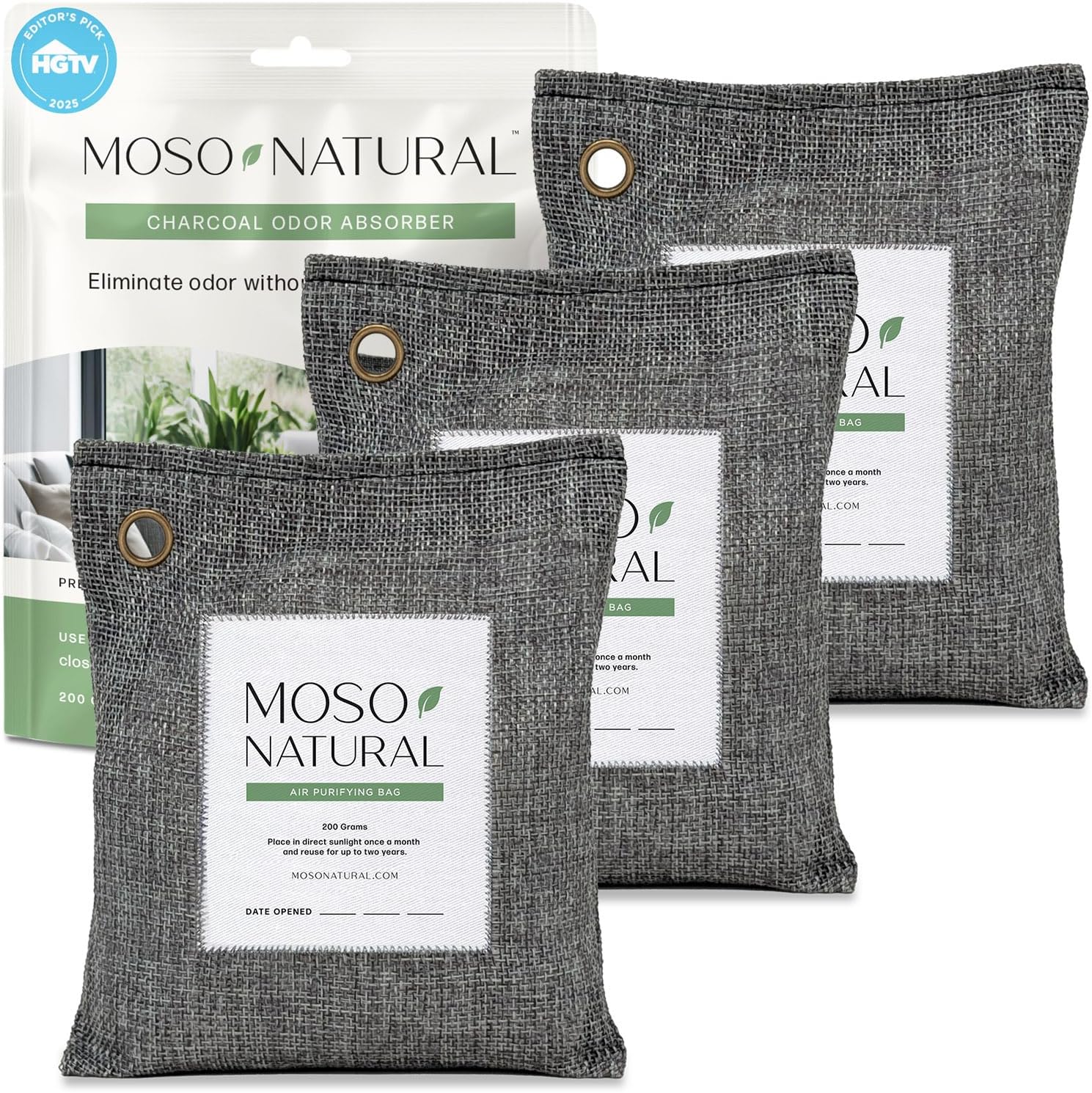 Moso Natural Air Purifying Bag 200g (3 Pack) HGTV Editor's Pick | Premium Bamboo Charcoal Odor Absorber for Home & Car | Closet Odor Eliminator & Car Air Freshener | Long Lasting Charcoal Bags