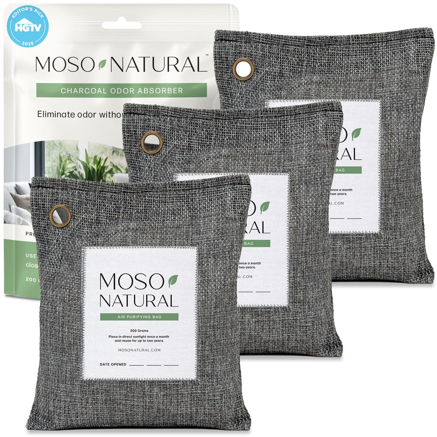 Air Purifying Bag 200g (3 Pack) A Scent Free Odor Eliminator for Cars, Closets, Bathrooms, Pet Areas. Premium Moso Bamboo. (Charcoal Grey), Long Lasting Charcoal Bags|Lasts up to 2 years!