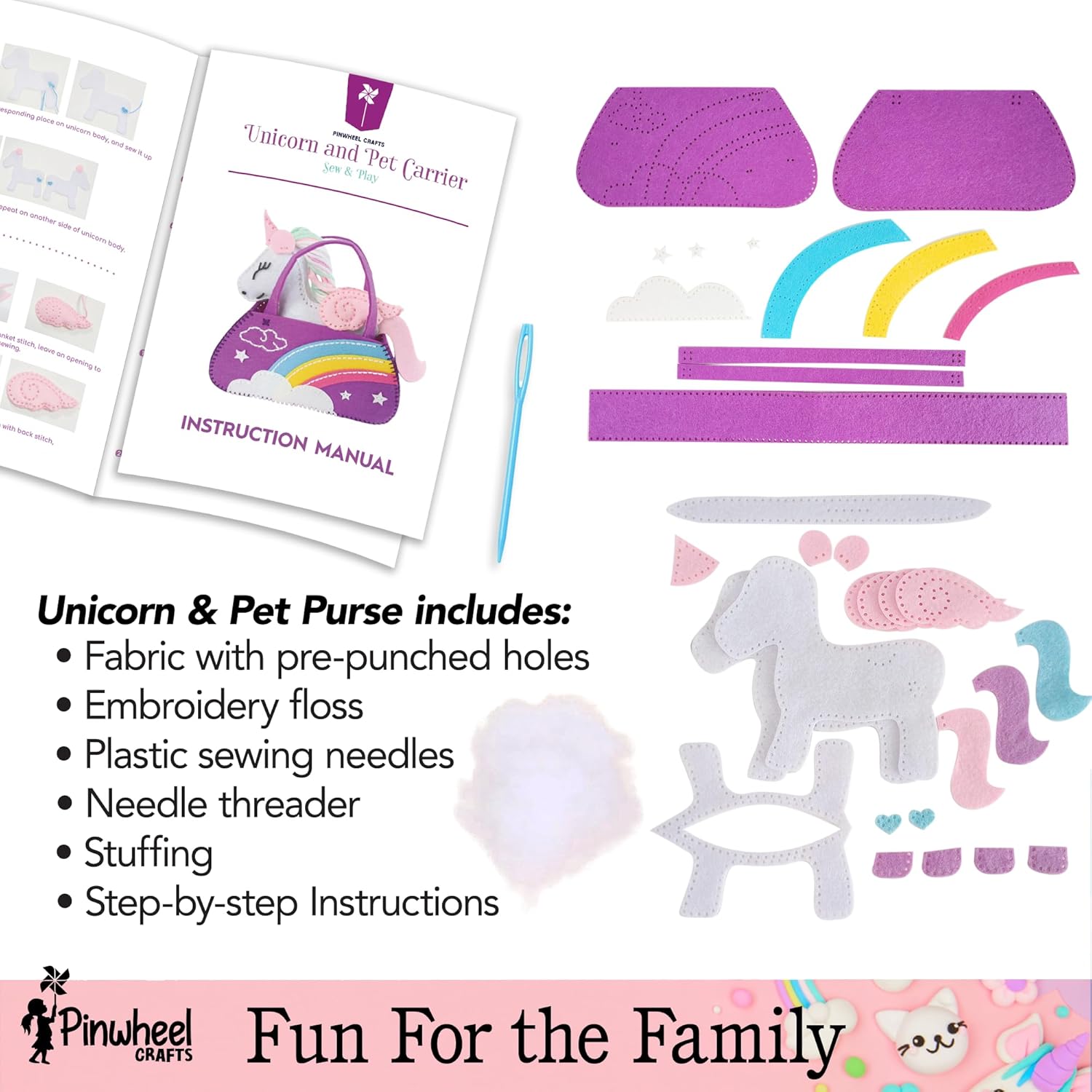 Pinwheel Crafts Flower Origami & Unicorn Purse Sewing Kit Bundle – Creative Arts & Crafts Set for Kids Ages 6+ – Includes 100 Origami Sheets, Decorative Accessories, Pre-Cut Felt Pieces, Embroidery Fl