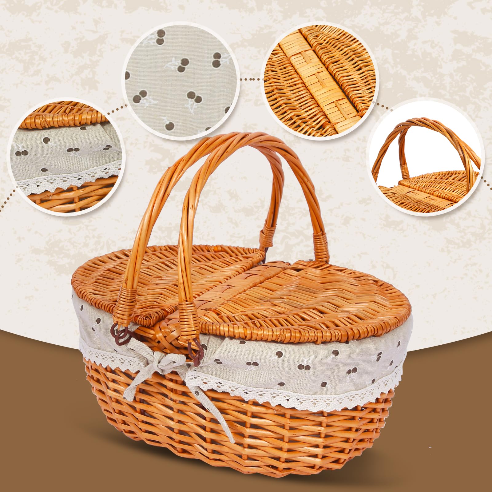 Panier de pique-nique en osier pour 4 personnes, avec couvercle et poignée, panier de pique-nique avec doublure lavable et couverts pour l'extérieur, le camping, Halloween, Noël et un