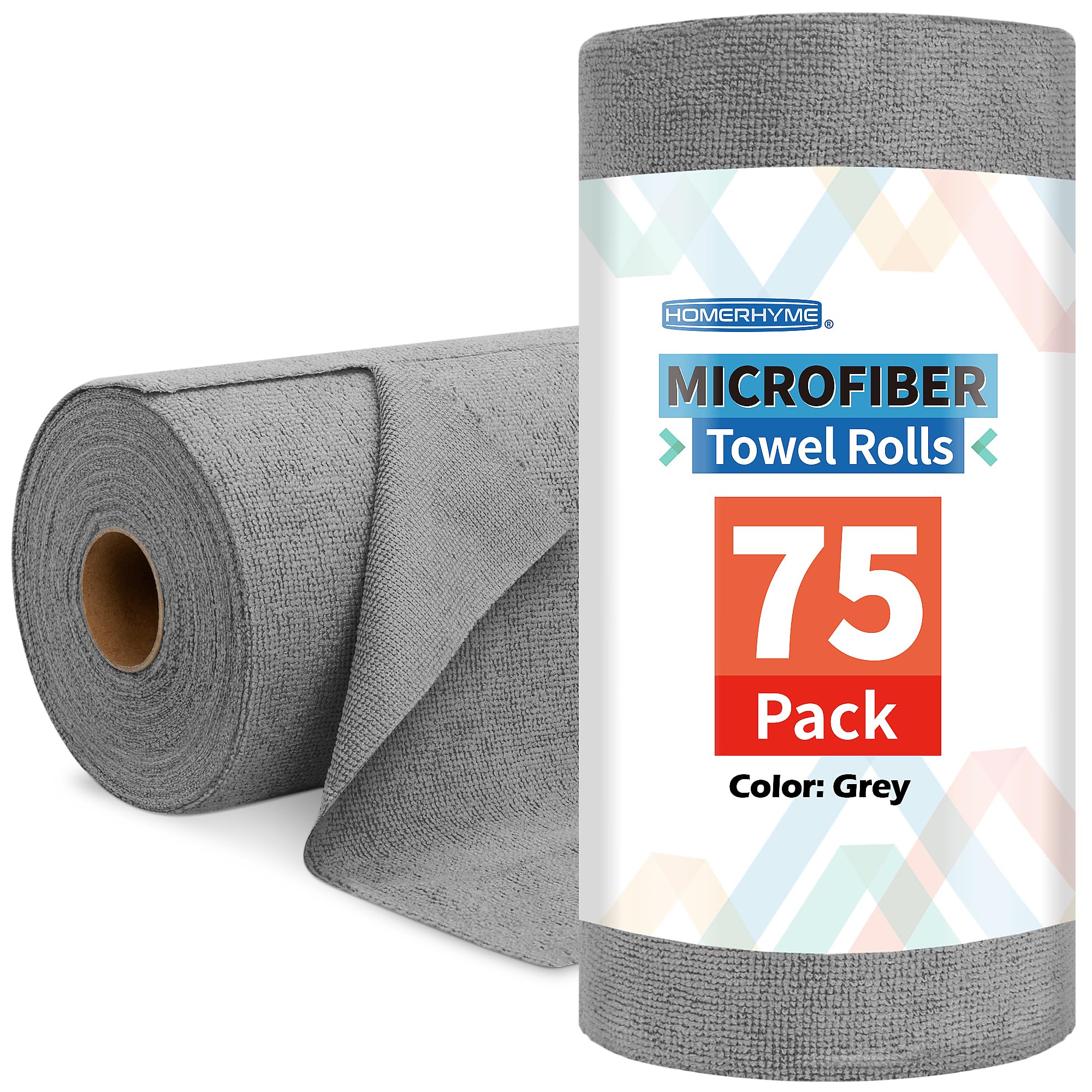 HOMERHYME Microfiber Cleaning Cloth Roll, 75 Pack Tear Away Microfiber Towels, Reusable Washable Shop Towels, Lint Free Cleaning Rags for Car, Home, Garage & Workshop 11.5"x11.5" Grey
