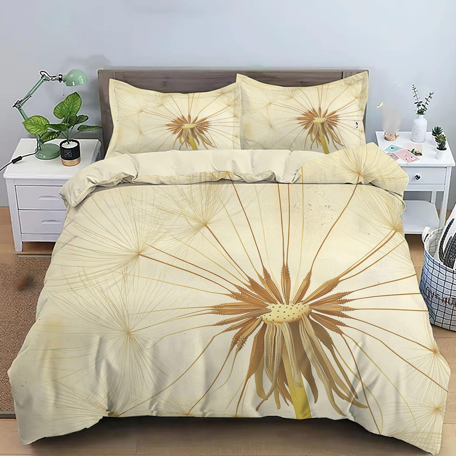 Parure couette réversible kaki motif pissenlit géométrique illustration vintage 220x240cm