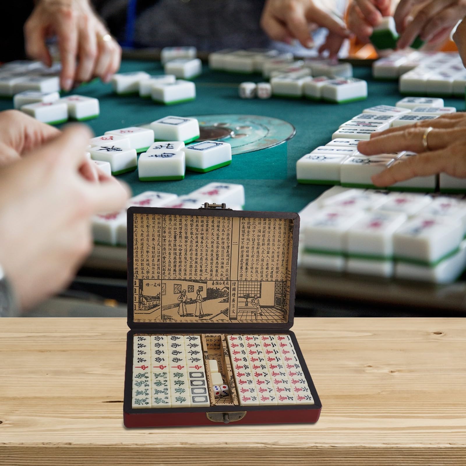 Ensemble de mahjong compact dans un bel étui en bois avec 2 dés, parfait pour les joueurs en voyage (sans poignée)