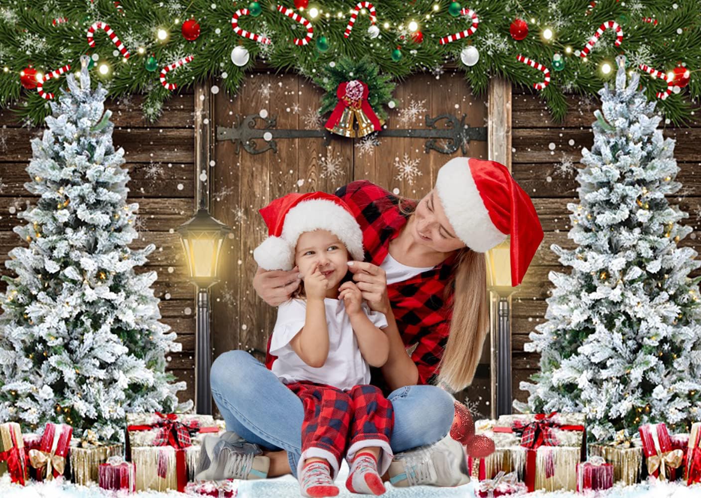 YongFoto 3,5x2,5m Noël Toile De Fond Scène Belle Winter House Village Xmas Pins Snowfield Colorful Photo Arrière-Plan Pour Xmas Eve Party Festival Accueil Affiche Famille Photographie Fournitures