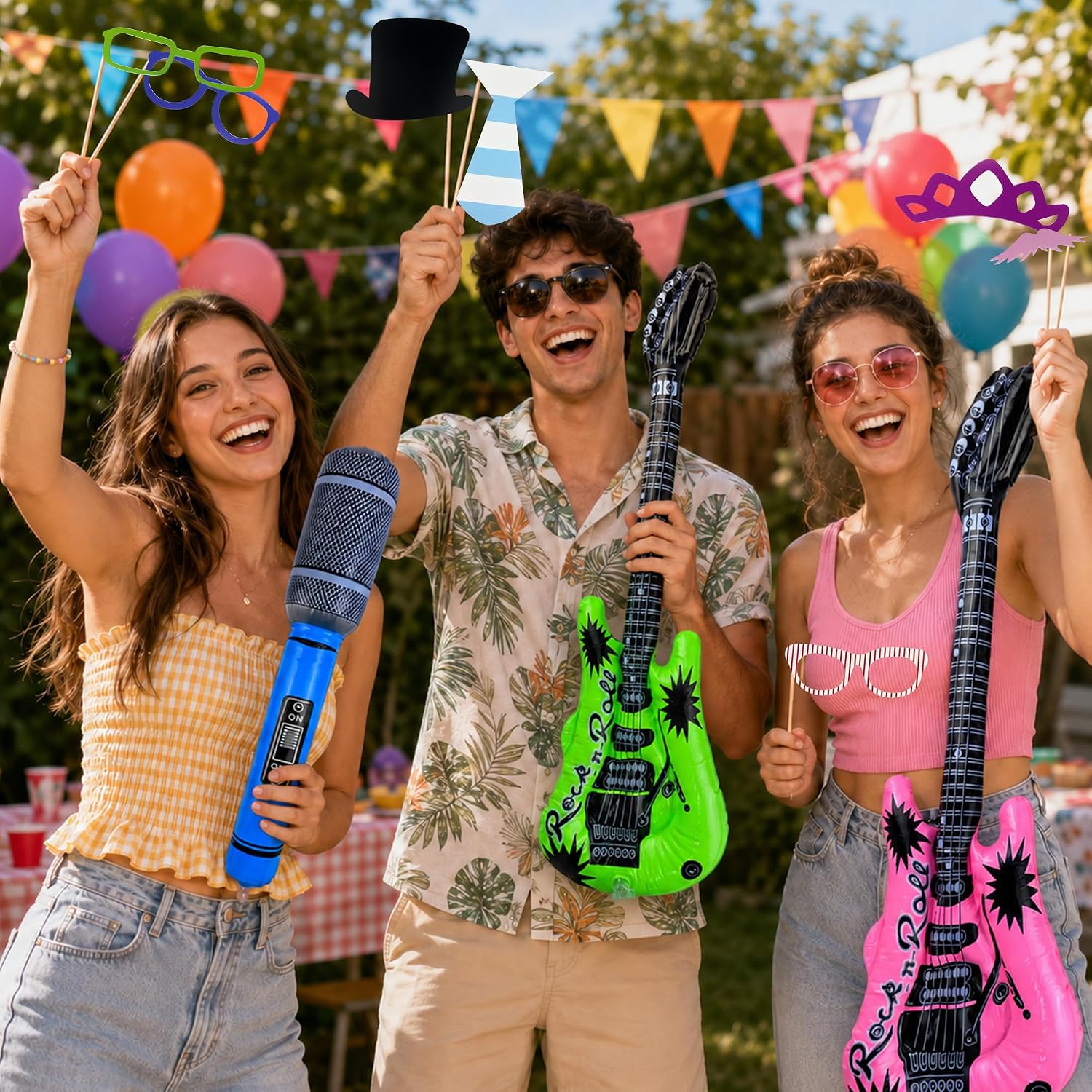 66PCS Photo Booth Props Set with Signs and Musical Instruments Inflatables