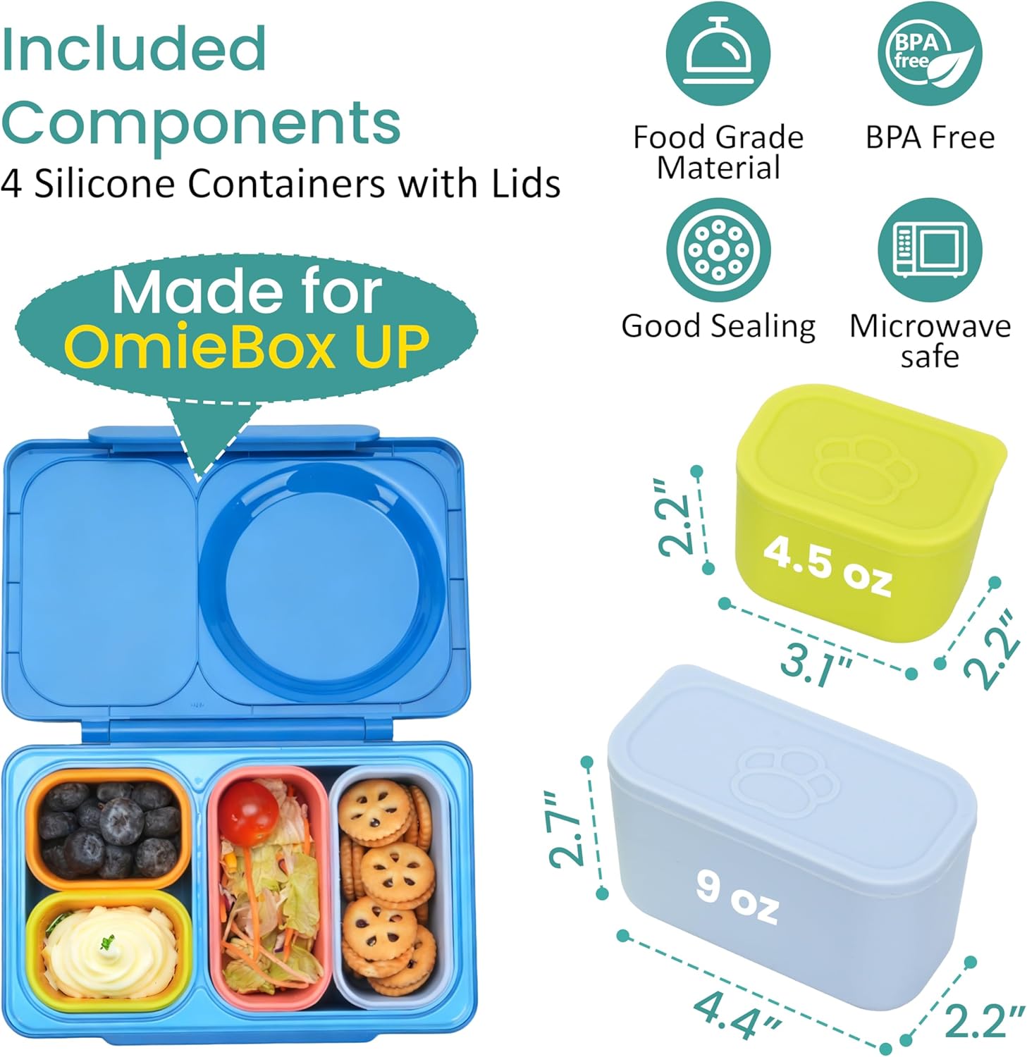 Dip Containers for OmieBox UP bento Box, 4 Pack Leakproof Salad Dressing Container To Go, Condiment Containers with Lids - Food Safe Silicone - 4.5 & 9 ounces - Image 3