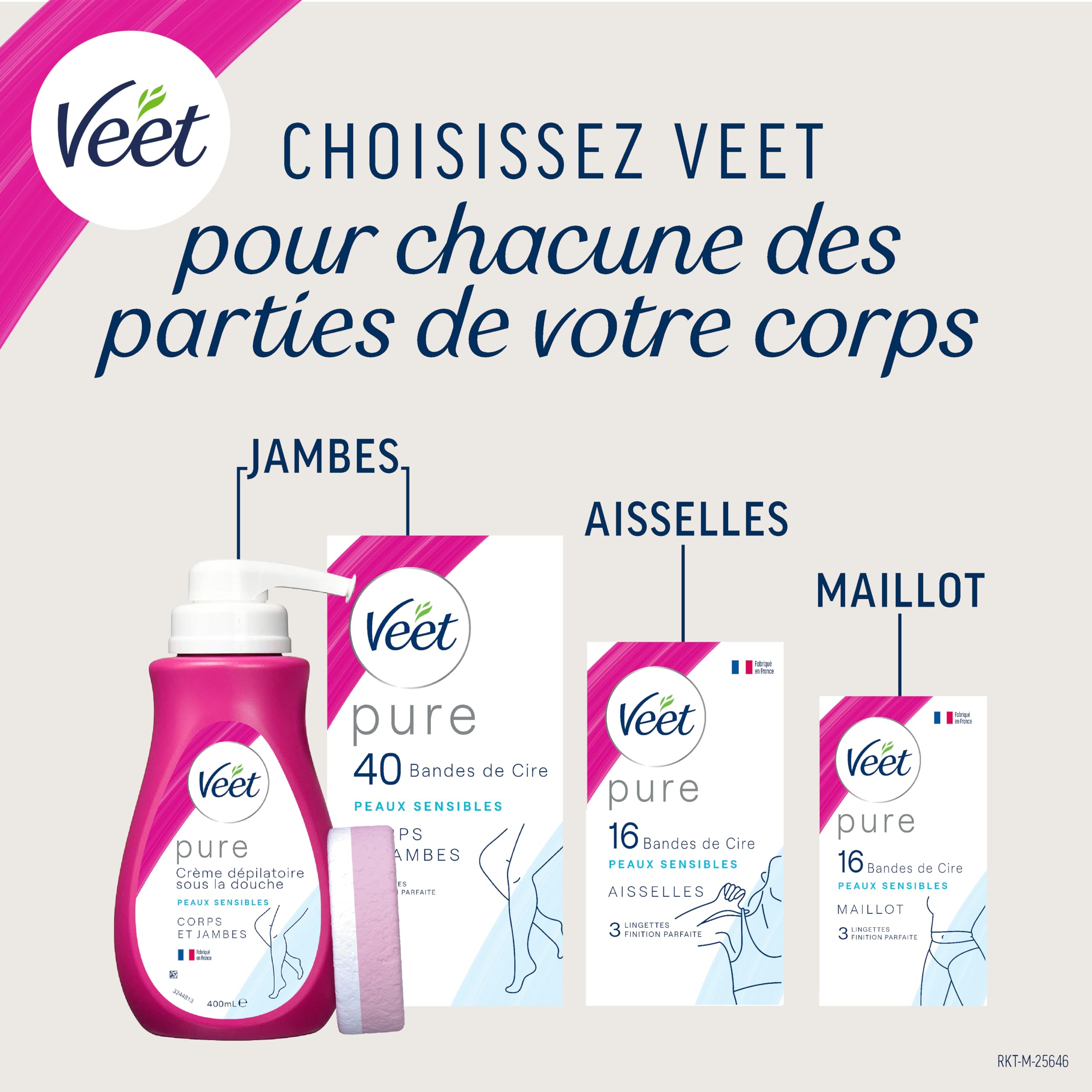 Veet PURE - Cire Chaude au Sucre et Vanille - Epilation Sans Bande - Lot de 3 x 250ml