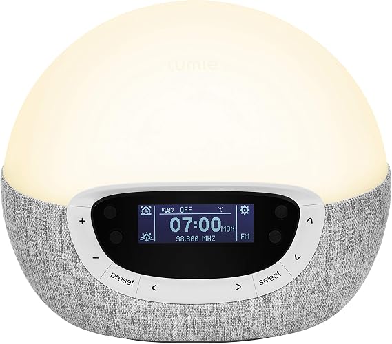 Lumie Bodyclock Shine 300 - Wake-up Light Alarm Clock with Radio, 15 Sounds and Sleep Sunset, White | FM radio, 15 sounds, gradual sunrise alarm and sunset feature