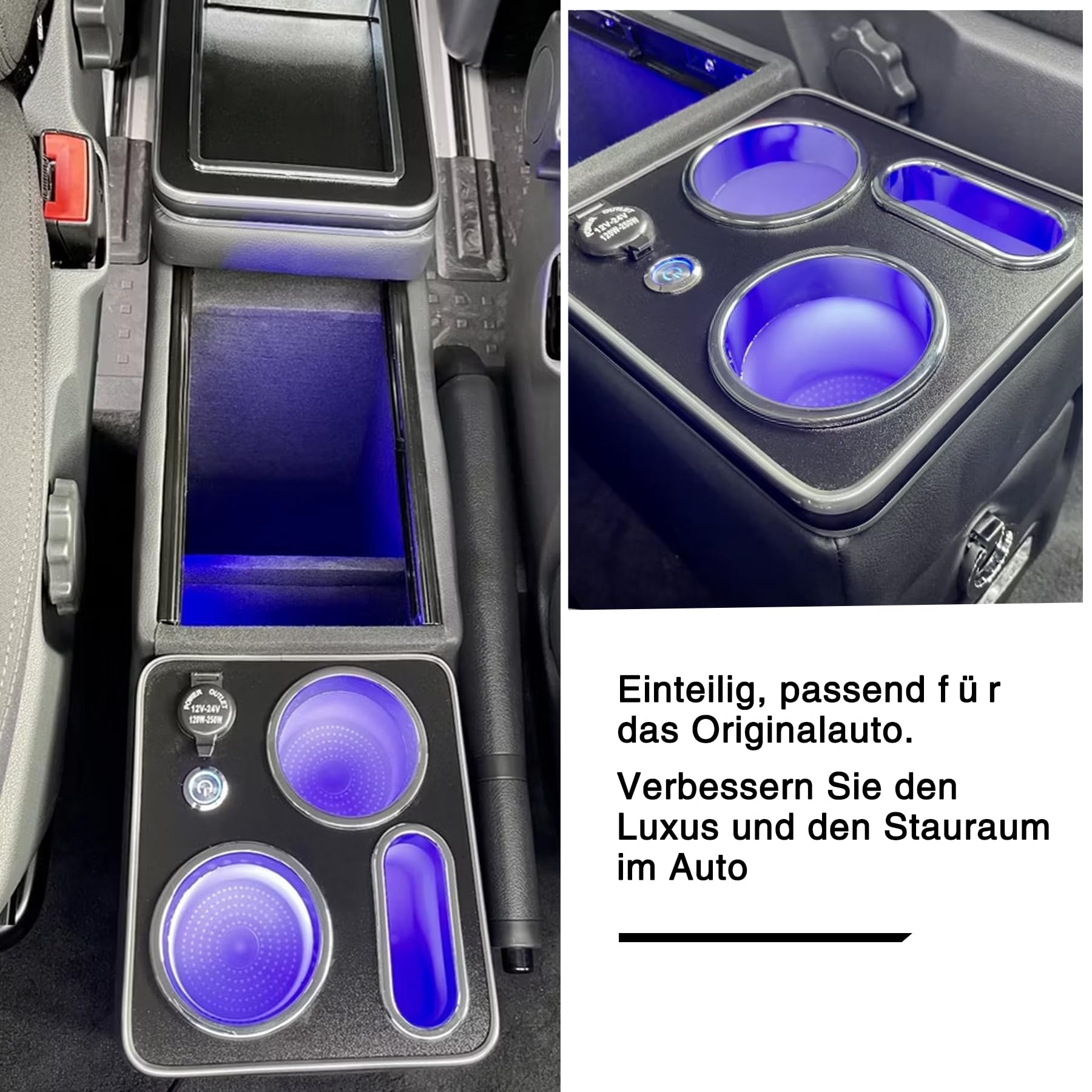Konsola środkowa z półkami, schowek, błyszcząca skóra, konsola środkowa, akcesoria z lampkami USB LED, do zapalniczki samochodowej, uchwyt na napoje, uchwyt na telefon, kompatybilny z VW T4,