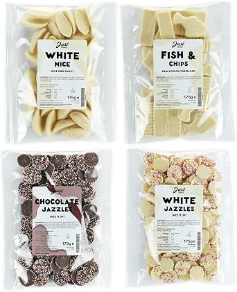 Just Treats Sweet Quartet - White Choc Mice, White Choc Fish n Chips, Choc Jazzles & White Choc Jazzles 4 x 175g Bags - 5,8,30,31