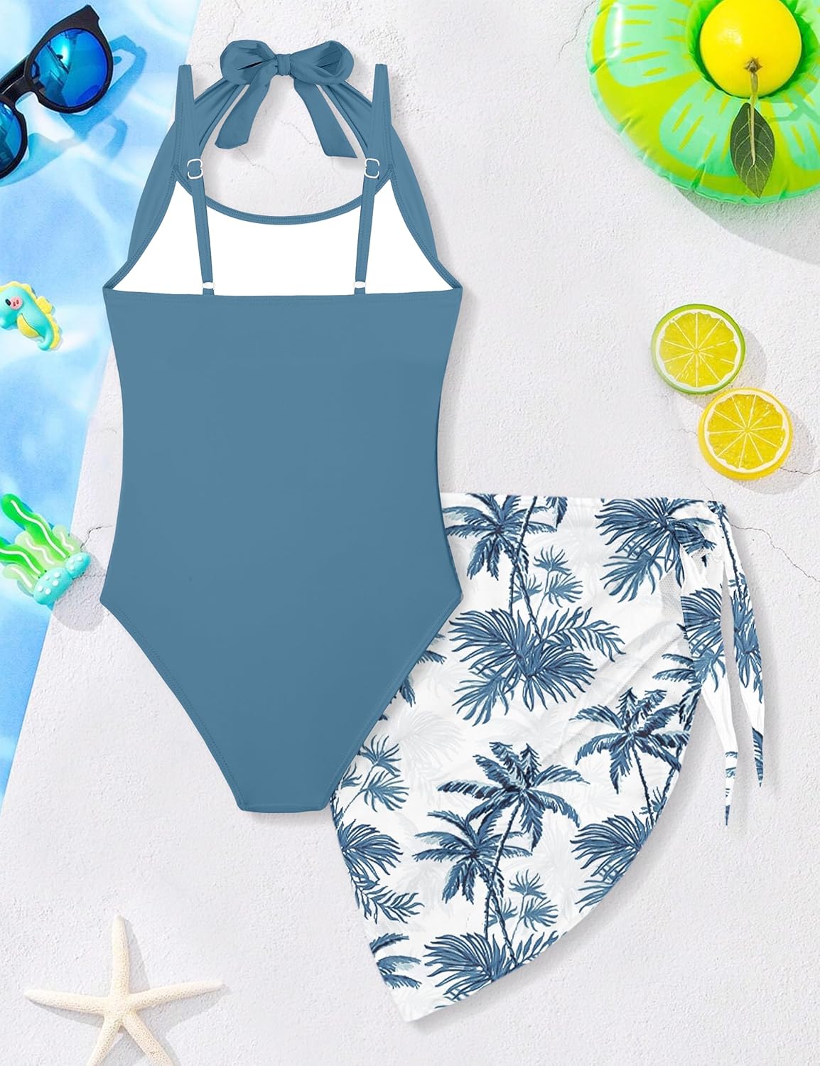 Girls Swimsuit Halter Neck One Piece Bathing Suit with Tropical Printed Cover Up Skirt Girls' Swimwear Set 7-18Y - Image 8