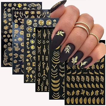 10 Sheets Gold Nail Art Stickers 3D Self-Adhesive Flower Leaf Nail Decals Golden Metallic French Line Curve Strip Nail Supplies Retro Vine Pattern Design DIY Decoration for Women Girls
