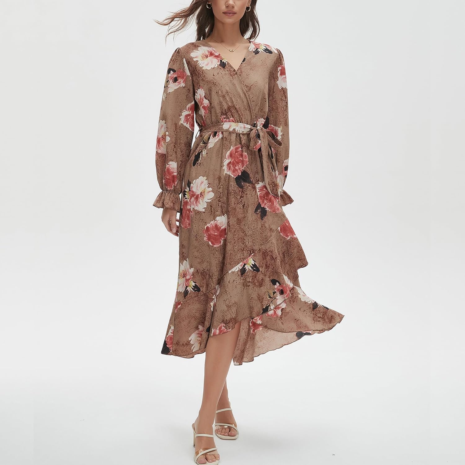 Women's Floral Bohemian Dress Long Sleeve Wrap V Neck Ruffle Flowy Maxi Casual Tie Waist Boho Asymmetrical Vacation Dresses - Image 2