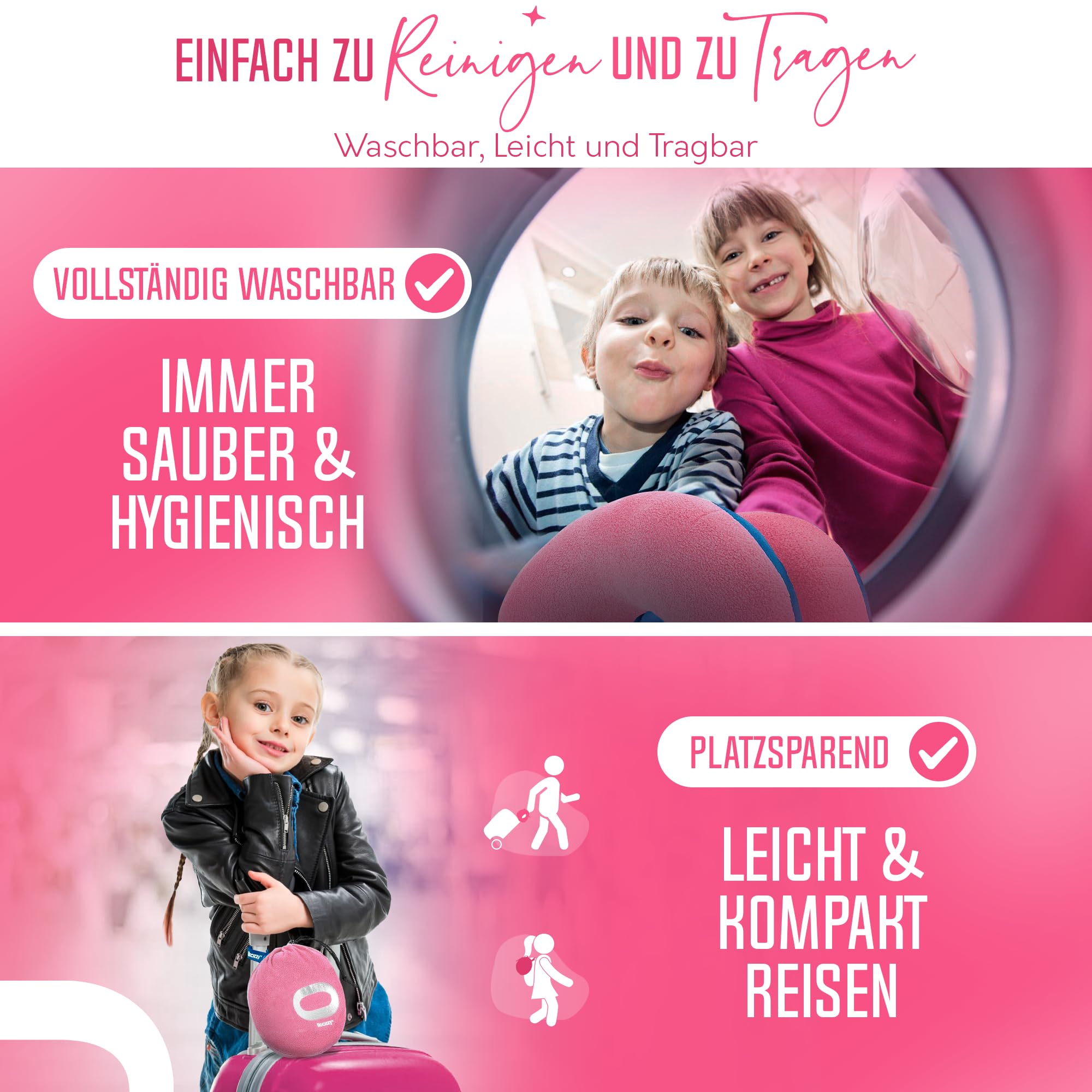 BCOZZY Kinder (3-7 J.) Auto Nackenkissen – Patentiertes Reisekissen für Kopfstütze im Kindersitz, Flugzeug und beim Schlafen auf Reisen. Weich. Verstellbar. Waschbar. Mit Tragetasche. Klein, Blau