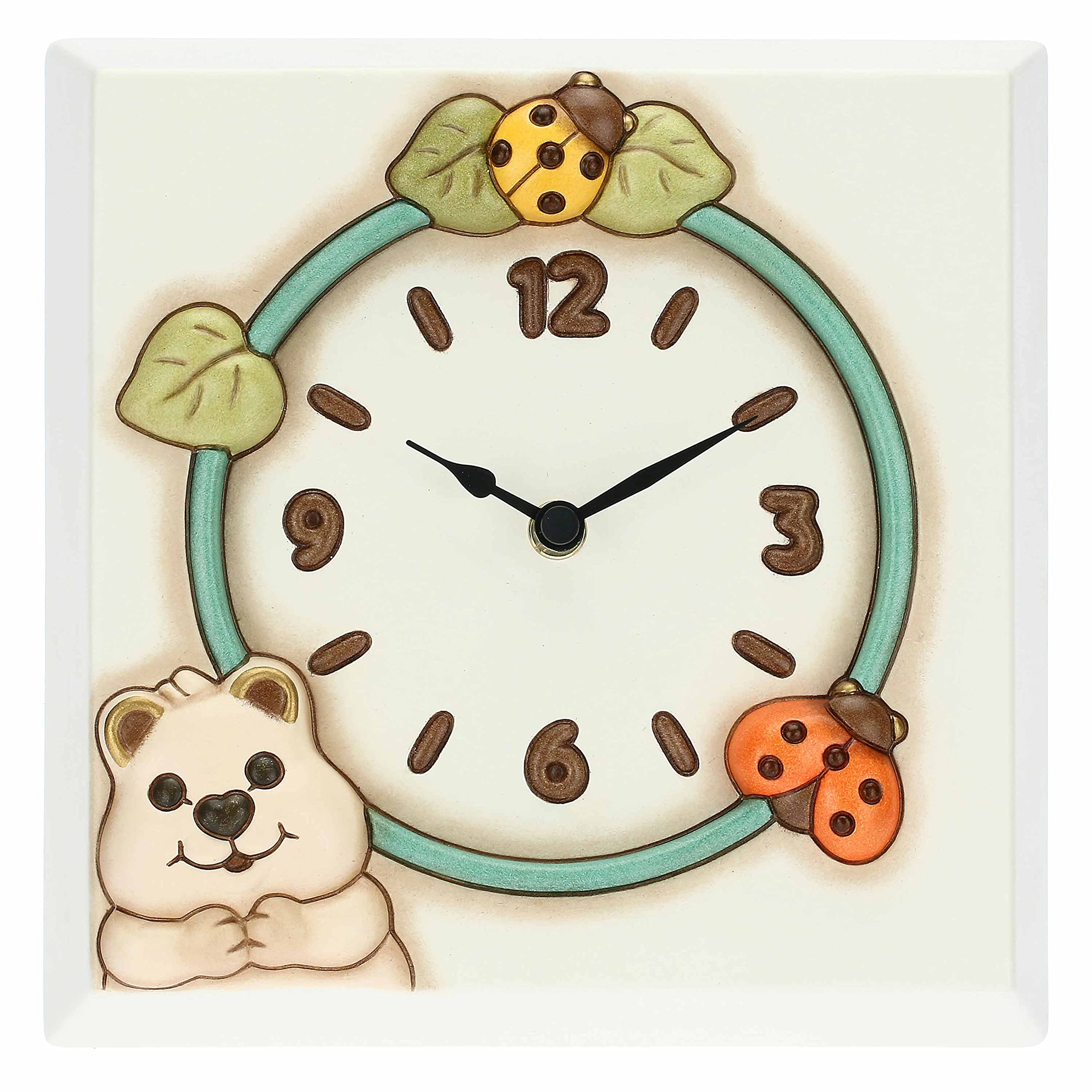 THUN, Orologio Da Parete Quokka con Coccinelle in Ceramica Decorata a Mano, Linea Baby, 20.7x4.7x20.7