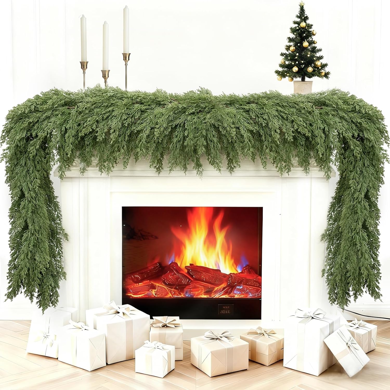 6FT Faux Cedar Garland, Real Touch Christmas Cypress Garland, Realistic Pine Cypress Bendable Branches for Mantel Decor Fireplace Staircase Table Centerpiece Indoor Outdoor Holiday Winter Decor B-Thick & Lush 6FT