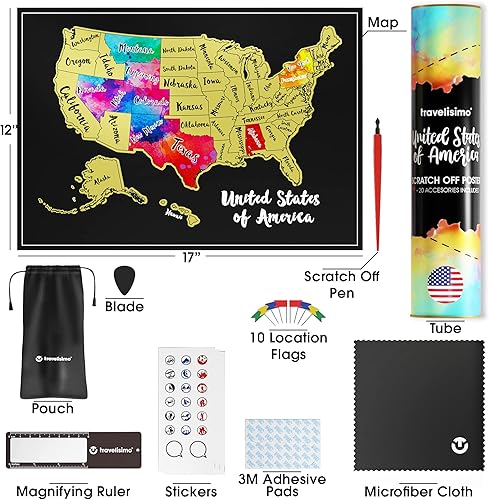 Miniatura 6 de TRAVELISIMO Mapa para rascar de los Estados Unidos, mapa de Estados Unidos de 12x17 pulgadas con 25 accesorios únicos y diseño colorido, mapas de