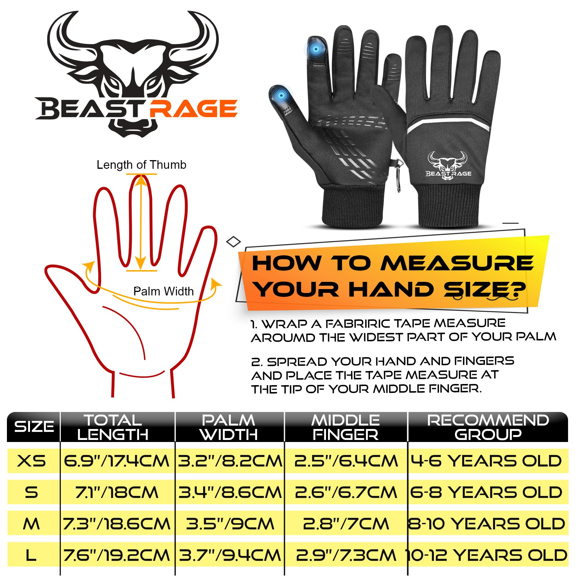 BEAST RAGE Wodoodporne rękawice zimowe dla dzieci, sporty zimowe, rękawiczki rowerowe dla dzieci, ciepłe rękawiczki z ekranem dotykowym, antypoślizgowe, termiczne, outdoorowe, wiatroszczelne, dla