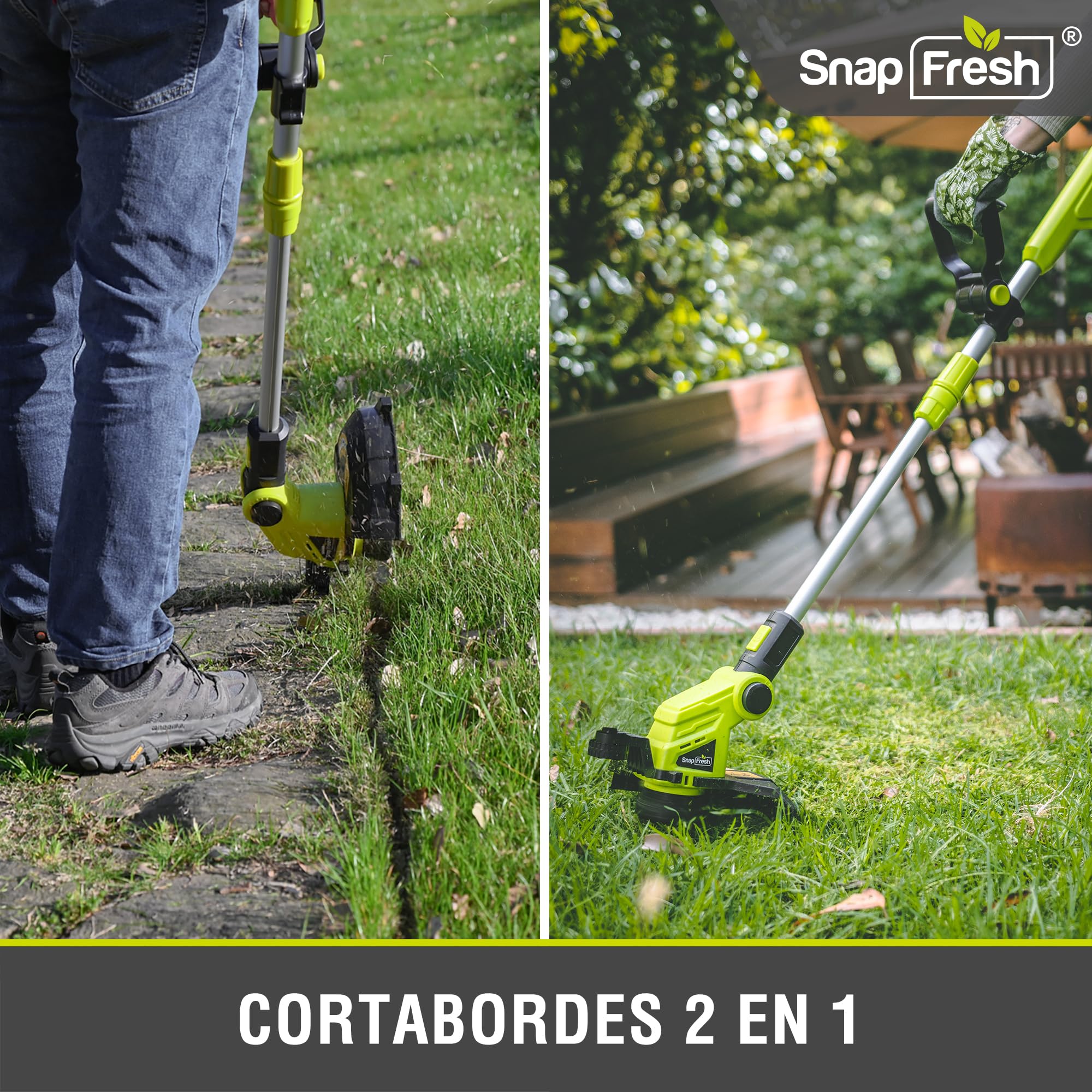 SnapFresh Cortacésped a batería 20V Desbrozadora (con batería y Cargador, Cambio rápido de Hilo, 30,5 cm de Ancho de Corte, Mango telescópico Ajustable, Protector de Flores)