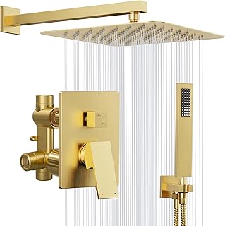 Gold Shower System, 10'' Square Rainfall Shower Head with Handheld Combo...