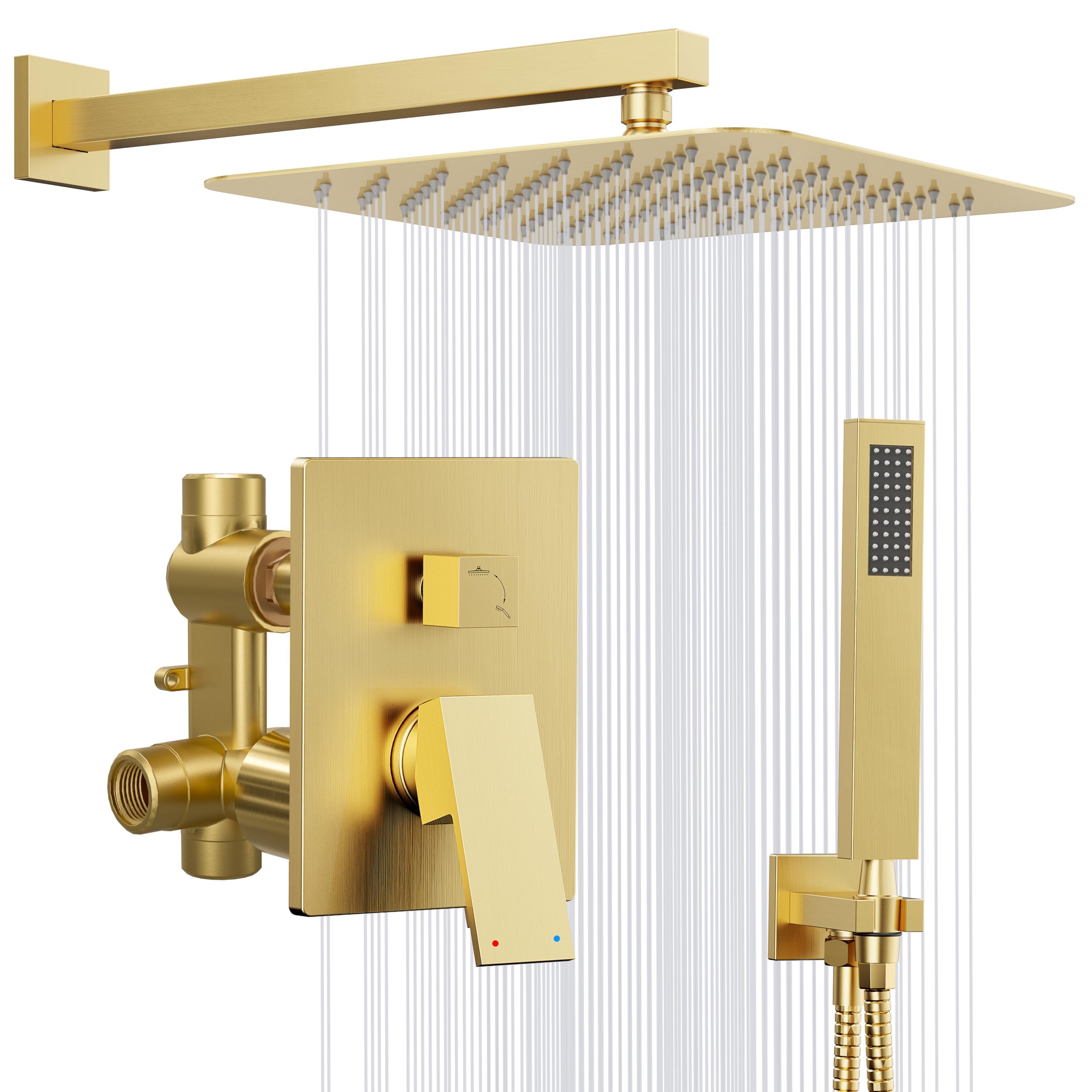 Gold Shower System, 10'' Square Rainfall Shower Head with Handheld Combo Spray, Bathroom Brushed Gold Shower Faucet Set with Valve, 59'' Shower Hose, Shower Trim Kit and Diverter, Wall Mounted